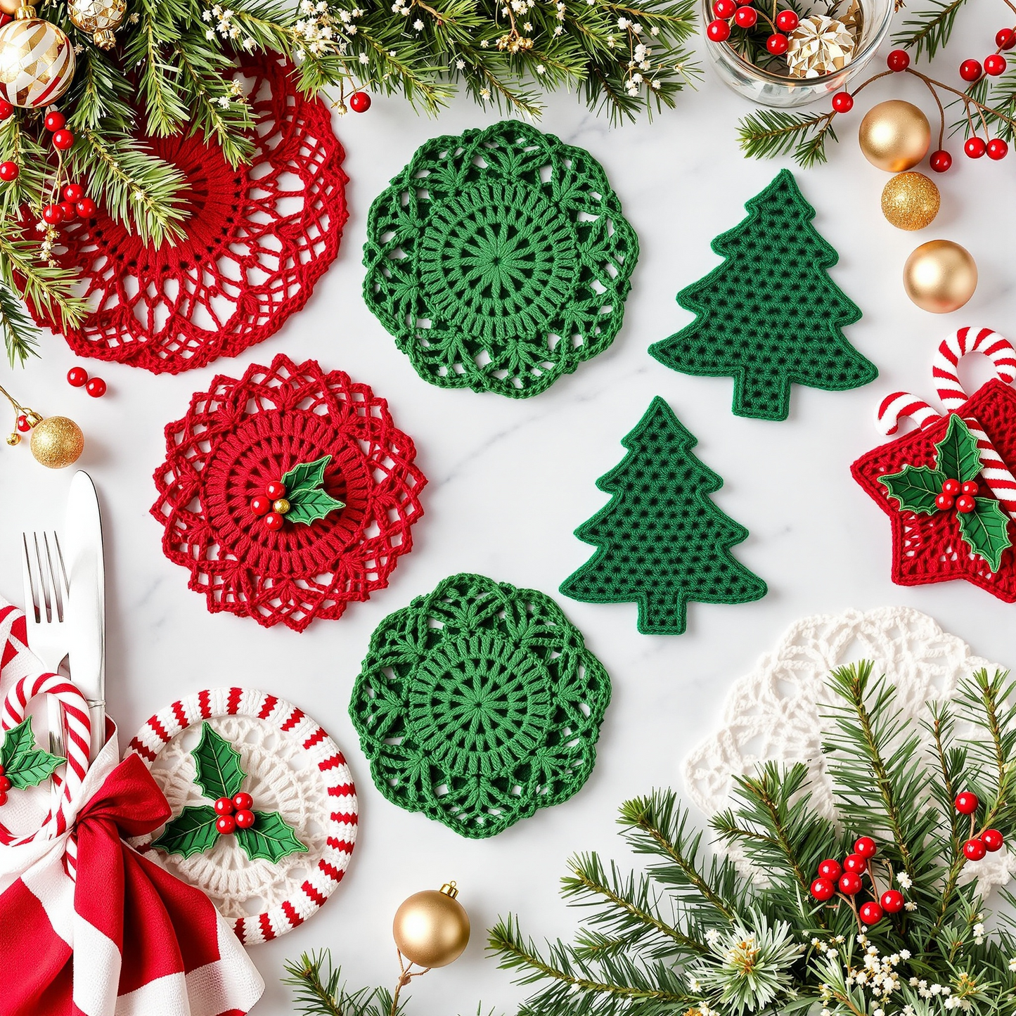 Christmas Table Decorations Crochet Pattern - 17 PDF Patterns for Holiday Coasters, Napkin Rings & Table Runner - Easy Beginner Friendly Gift Idea
